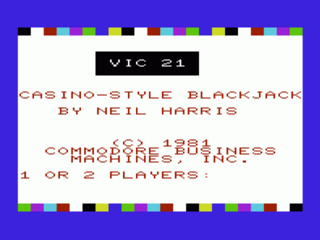 VIC 21 Casino-Style Blackjack title screen for Vic-20